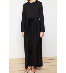 Moda Regular Casual Günlük Scuba Krep Örme Bisiklet Yaka Uzun Kol Basic Maxi Boy Elbise