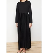 Moda Regular Casual Günlük Scuba Krep Örme Bisiklet Yaka Uzun Kol Basic Maxi Boy Elbise