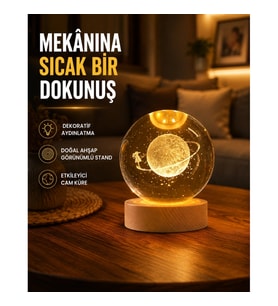 Mey İthalat® Kız Figürlü Sarı Cam Küre Işıklı Büyük Boy Ahşap Standlı Dekor