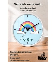 İsme Özel Gökkuşağı ve Bulutlar Çocuk Odası Duvar Saati Orta Boy 30 cm Beyaz Camlı Sessiz