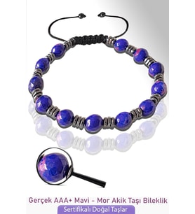 Sertifikalı Fasetli Gerçek Mavi Mor Akik Taşı Bileklik - Ayarlamalı (Çok Renkli)