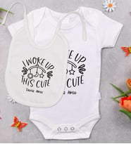 BK Kids Kişiye Özel I Woke Up This Cute Tasarımlı Bebek Body Zıbın ve Mama Önlüğü Hediye Seti - Model 1