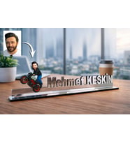 Kişiye Özel Motor Karikatürlü 30 cm Ayna Pleksi Masaüstü İsimlik - Öğretmen Hediyesi Öğretmene Özel Hediye