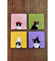 Doğal Taş Bardak Altlığı Renkli Kedi Baskılı 4'lü Set