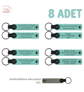 Miniklere Özel İsim Yazılı Karne Hediyesi Anahtarlık 8’li Set, Öğretmenden Armağan, Turkuaz & Gri
