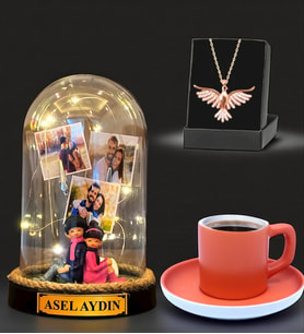 Sizlere Özel Led Işıklı Fanus, Türk Kahvesi Fincanı ve Anka Kuşu Kolye (Model 8)