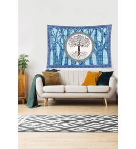 Hayat Ağacı Desenli Leke Tutmaz Kadife Dokulu Kumaş Duvar Örtüsü Duvar Halısı Tapestry (Mavi)