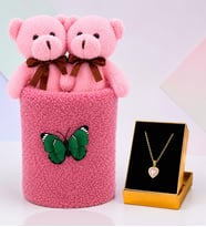 Peluş Saksıda Peluş Ayıcık Buketi ve Pembe Taşlı Kalp Kolye Kadına Sevgiliye Arkadaşa Hediye