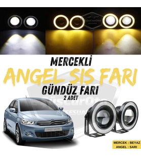 Citroen C Elysee 2012-2023 Uyumlu Mercekli Angel Sis Farı Metal 76 mm Sarı Halkalı Gündüz Farı 2 Ad