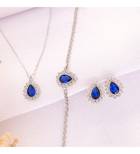 925 Ayar Gümüş Elmas Monturlu Safir Kolye-Bileklik-Küpe Set