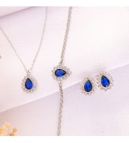 925 Ayar Gümüş Elmas Monturlu Safir Kolye-Bileklik-Küpe Set