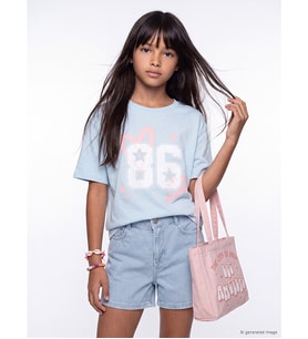 LCW Kids Mavi Bol Fit Bisiklet Yaka Baskılı Kız Çocuk Tişört