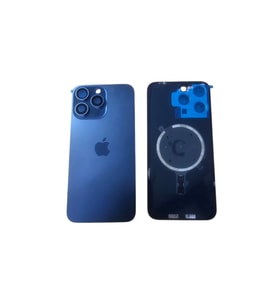 Uyumlu İphone 15 Pro Max Arka Kapak Full Kamera Camlı ( Pil Kapağı ) - Magsafe Demirli + Mavi