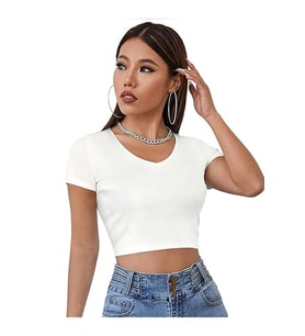 Kadın Basic Crop V Yaka Kaşkorse T-shirt