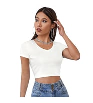 Kadın Basic Crop V Yaka Kaşkorse T-shirt