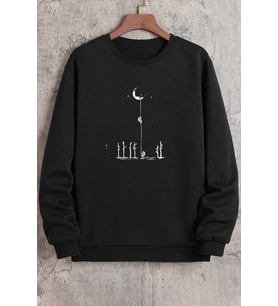 Unisex Uzay Temalı Bisiklet Yaka Sweatshirt (Siyah)
