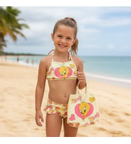 Kız Çocuk karakter Baskılı Eteği Fırfırlı- ip bağlamalı ÇANTA Mayo Bikini 3 lü Takım
