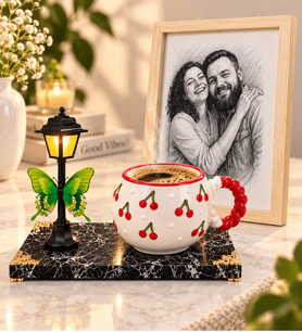 Kişiye Özel Karakalem Fotoğraflı Ahşap Çerçeve Kiraz Tasarımlı Kupa ve LED Sokak Lambası Seti