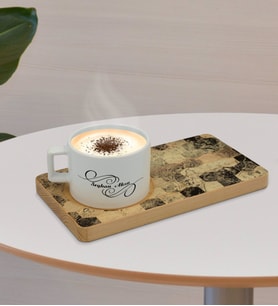 BK Gift Kişiye Özel Mermer Tasarımlı Doğal Ahşap Tabaklı Seramik Fincan Sunum Seti  Model 15
