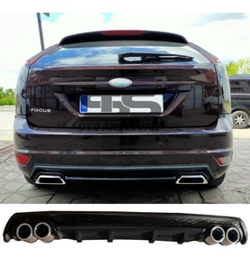 Ford Focus 2 HB Difüzör Arka Tampon Eki 4 Egzoz Çıkışlı Siyah Lüx Tip