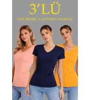 pilelistore- 3lü V Yaka Tişört – Kısa Kollu Yazlık Slim Fit Body - Toz Pembe, Lacivert, Hardal