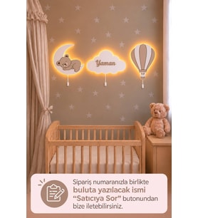 El Boyaması Ahşap Çocuğun İsmine Özel 3’lü Pilli Ledli Gece Lamba Seti Yıldız Hediyeli Bebek Çocuk Odası-Açık Kahve