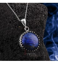 Yuvarlak Kesim 925 Ayar Gümüş Zikzak İşlemeli Doğal Lapis Lazuli Taşı Kolye