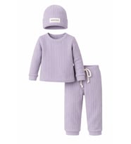 Unisex Bebek Çocuk Alt Üst Takım 3'lü %100 Pamuk Fitilli Şapkalı Kışlık Eşofman Takımı - Somon