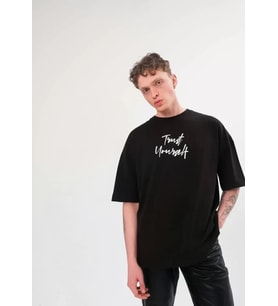 Unisex Bisiklet Yaka Baskılı Oversize T-Shirt - Siyah