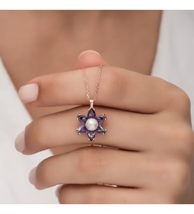 İncili Lotus Ametist Taşlı Rose Kolye-925 Ayar Gümüş
