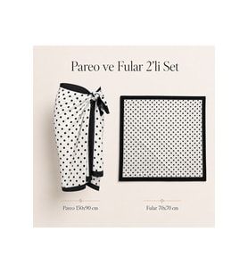 Tarzını Seç Premium Beyaz Siyah Puantiye Desenli 2’li Pareo ve Bandana Seti 150x95 cm / 70x70 cm