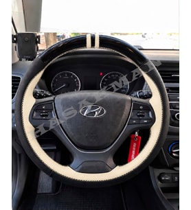 Hyundai i20 Active Dikme Direksiyon Kılıfı Parlak Siyah Bej Detaylı Bej Çift Yüzük ve Dikiş 2015-2020