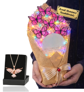 Size Özel Renkli Led Işıklı Aynalı Kelebek Buketi ve Zümrüdü Anka Kuşu Kolye (Pembe)