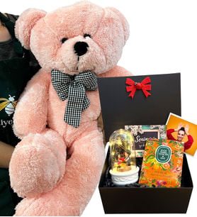 Sizlere Özel Fotoğraflı Hediye Paketi ve Büyük Boy Pembe Peluş Ayıcık - Premium Set (Model 3)