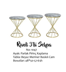 Brc Zigon 13410 RİVOLİ Beyaz Mermer Renk tabla Metal Gold Kaplama Ayak El Yapım