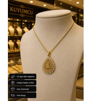 22 Ayar Altın Kaplama Osmanlı Tuğra Damla Model Taşlı Hediye Kolyesi