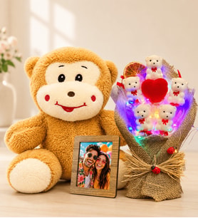 Kişiye Özel Fotoğraflı Renkli LED Ayıcık Buketi ve Peluş Maymun Kadına Sevgiliye Hediye