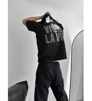 Baskılı Oversize Bisiklet Yaka T-shirt - Siyah