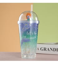 Deniz Kızı Işıklı ve Pipetli Bardak, 450 ml, Buzlu ve Kapaklı, Yeşil, 20x8 (Yeşil)
