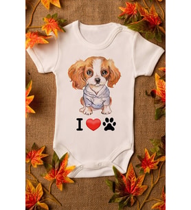 Unisex Ekru Bebek Köpek Baskılı Çıtçıtlı Body %100  Pamuklı Zıbın