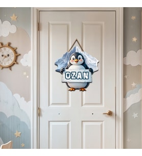Buzullardaki Sevimli Penguen Tasarımlı İsme Özel Masalsı Kapı Süsü!