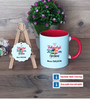 Teknoloji ve Tasarım Öğretmeni Kupa Bardak Kırmızı ve Ahşap Anahtarlık Hediye Öğretmenler Günü Hediyesi (Model 1)