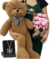 7'li Peluş Ayıcık Buketi, Gerçek Ametist Taşlı Lotus Kolye ve Kahverengi Ayıcık (Model 2)
