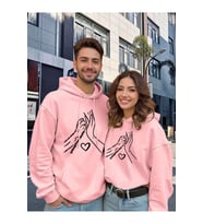 Sevgili Çift Kombin Hoodie Set Kalp ve Eller Baskılı Unisex Oversize 3 İplik (Pembe)