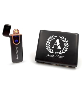 Kişiye Özel Siyah USB Dokunmatik Çakmak & Metal Tabaka Hediye Seti
