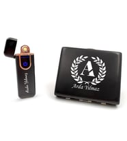 Kişiye Özel Siyah USB Dokunmatik Çakmak & Metal Tabaka Hediye Seti