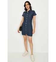 Kadın Önden Düğmeli Denim Elbise (Mavi)