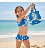 Kız Çocuk karakter Baskılı Eteği Fırfırlı- ip bağlamalı ÇANTA Mayo Bikini 3 lü Takım