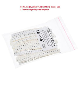 660 Adet 1R/1Mr 0603 Kılıf Smd Direnç Seti %1 33 Farklı Değerde Şeffaf Poşette