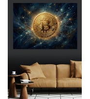 Galaksi İçinde Altın Bitcoin Logosu Dekoratif Kanvas - Mdf Ahşap Tablo